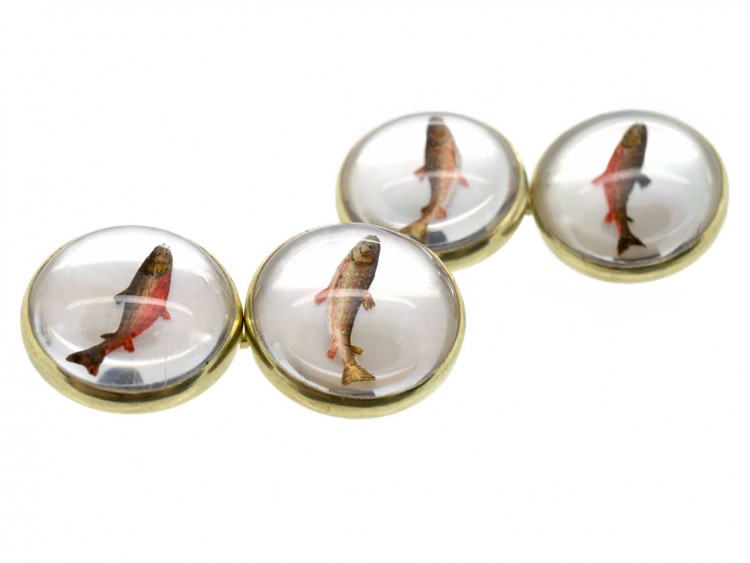 14ct Gold Rock Crystal Intaglio Cufflinks of Salmon & Trout