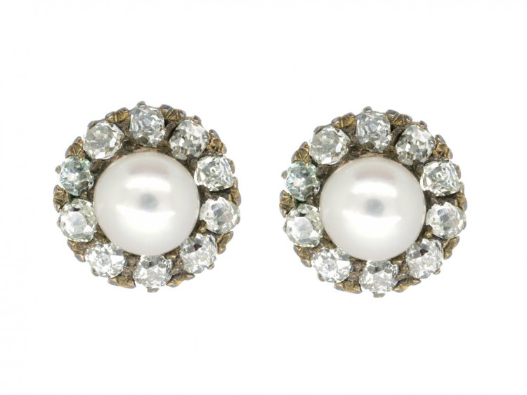 Edwardian Natural Pearl & Diamond Cluster Earrings