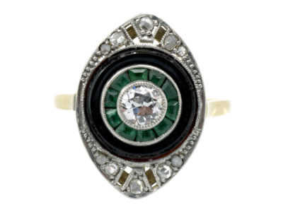 Art Deco 18ct Gold & Platinum Diamond, Onyx & Emerald Marquise shaped Ring