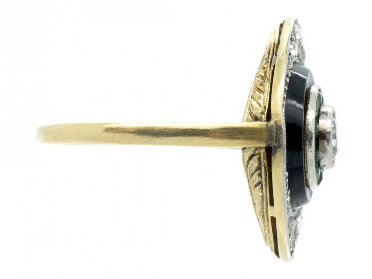 Art Deco 18ct Gold & Platinum Diamond, Onyx & Emerald Marquise shaped Ring
