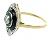 Art Deco 18ct Gold & Platinum Diamond, Onyx & Emerald Marquise shaped Ring