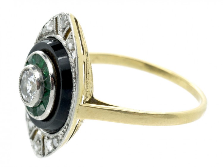 Art Deco 18ct Gold & Platinum Diamond, Onyx & Emerald Marquise shaped Ring