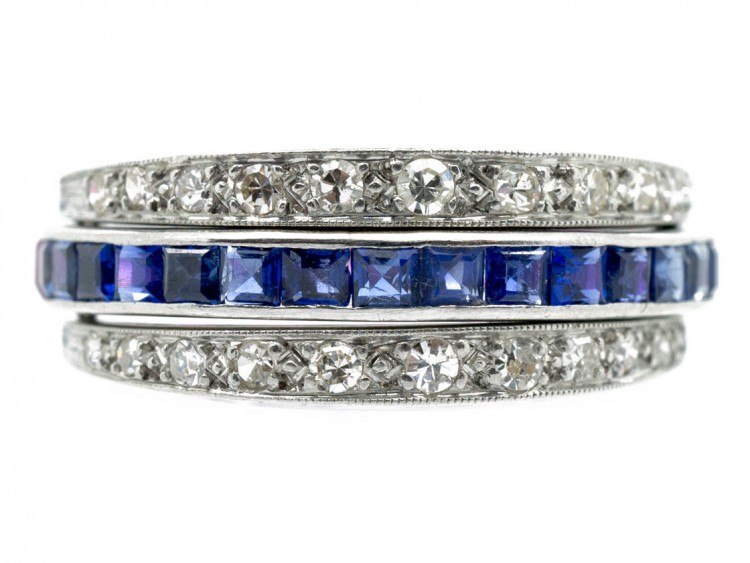 Art Deco 18ct White Gold Diamond Sapphire & Ruby Flipover Night & Day Ring