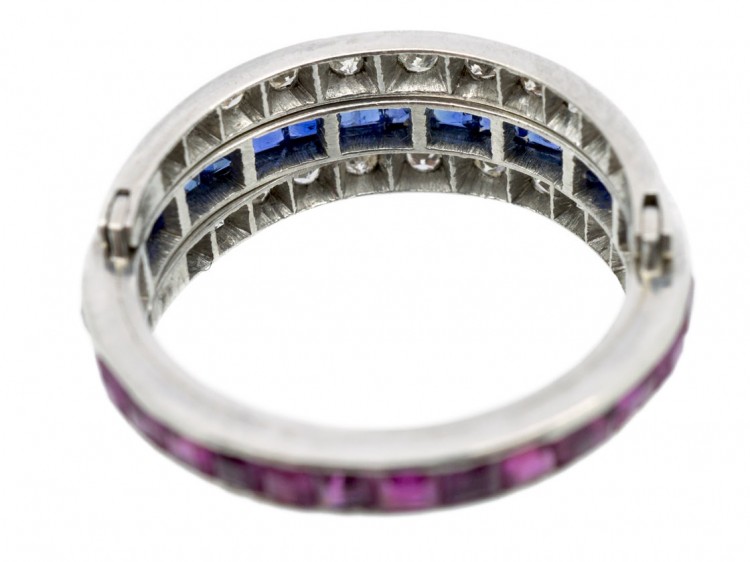 Art Deco 18ct White Gold Diamond Sapphire & Ruby Flipover Night & Day Ring