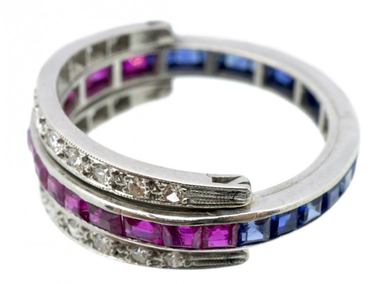 Art Deco 18ct White Gold Diamond Sapphire & Ruby Flipover Night & Day Ring