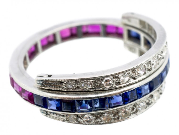 Art Deco 18ct White Gold Diamond Sapphire & Ruby Flipover Night & Day Ring