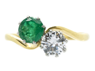 Edwardian 18ct Gold & Platinum Diamond & Emerald Crossover Ring