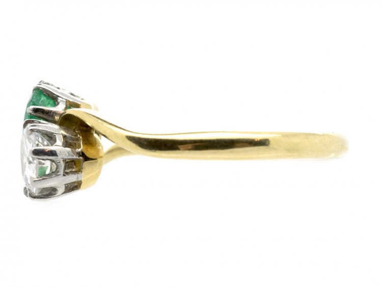 Edwardian 18ct Gold & Platinum Diamond & Emerald Crossover Ring