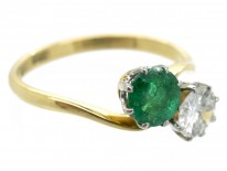 Edwardian 18ct Gold & Platinum Diamond & Emerald Crossover Ring