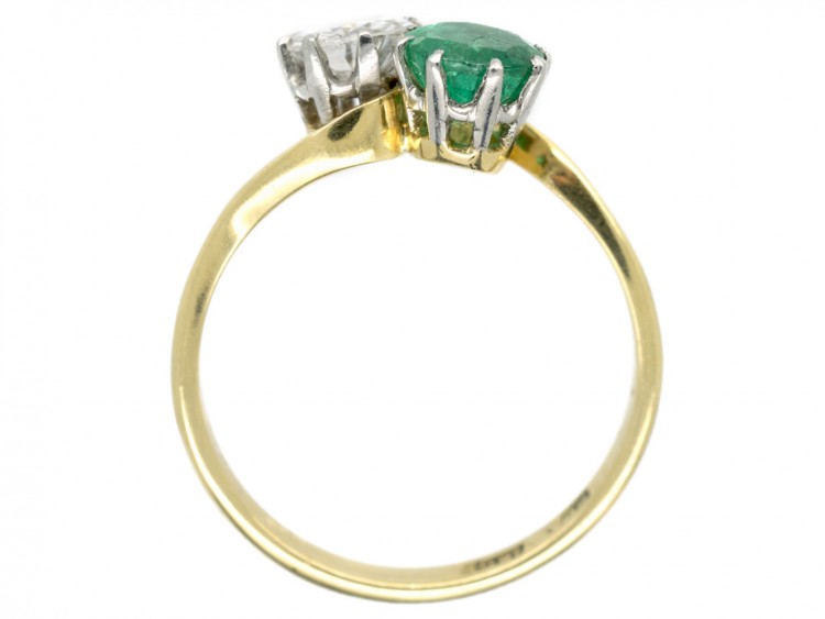 Edwardian 18ct Gold & Platinum Diamond & Emerald Crossover Ring