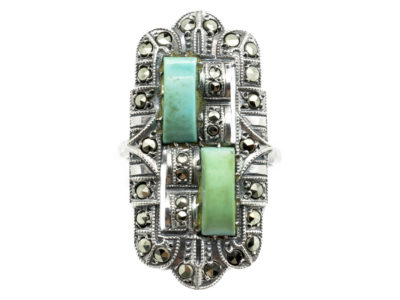 Art Deco Silver, Marcasite & Turquoise Rectangular Ring