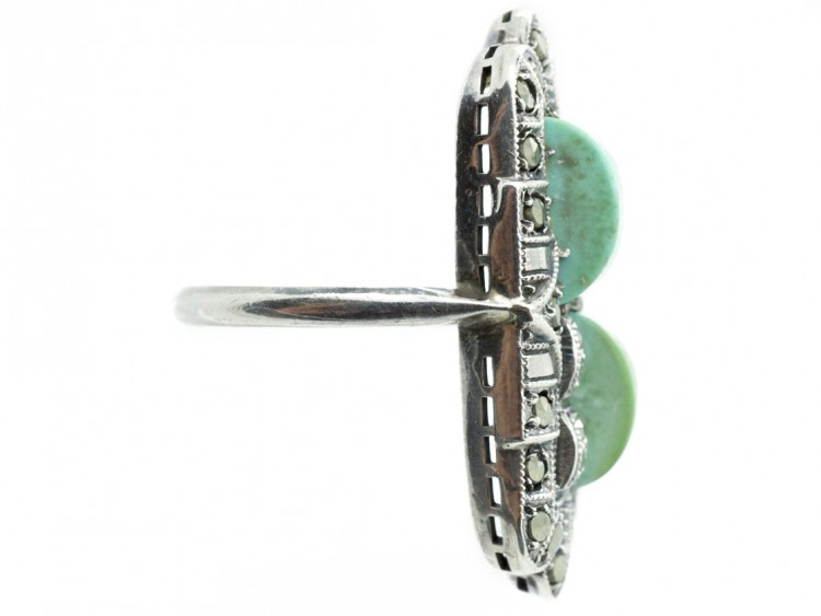 Art Deco Silver, Marcasite & Turquoise Rectangular Ring