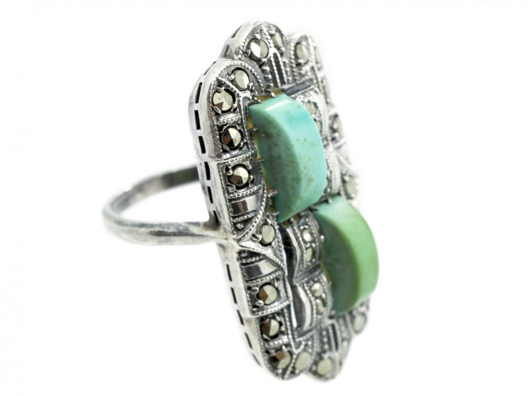 Art Deco Silver, Marcasite & Turquoise Rectangular Ring