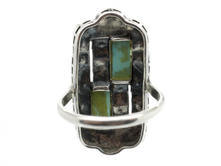 Art Deco Silver, Marcasite & Turquoise Rectangular Ring