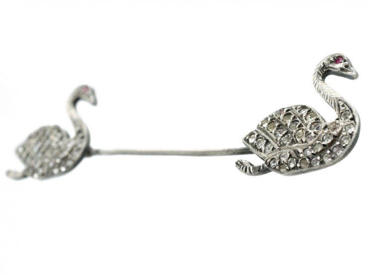 Edwardian Silver & Paste Surete Pin of Two Swans