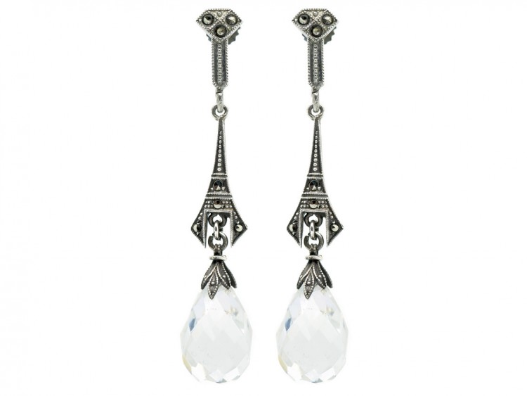 Art Deco Silver, Rock Crystal & Marcasite Drop Earrings