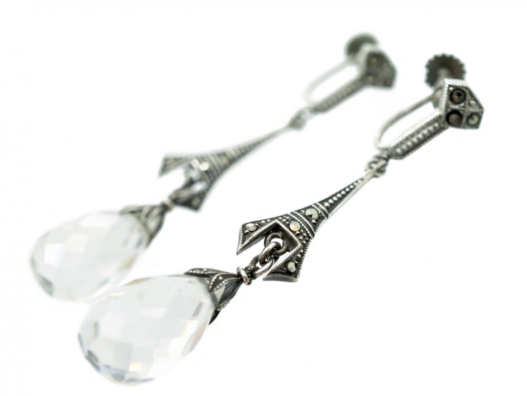 Art Deco Silver, Rock Crystal & Marcasite Drop Earrings