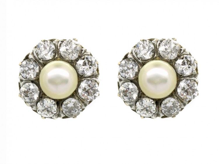 Natural Pearl & Diamond Cluster Earrings
