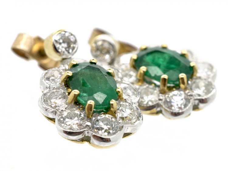 Emerald & Diamond Drop Cluster Earrings