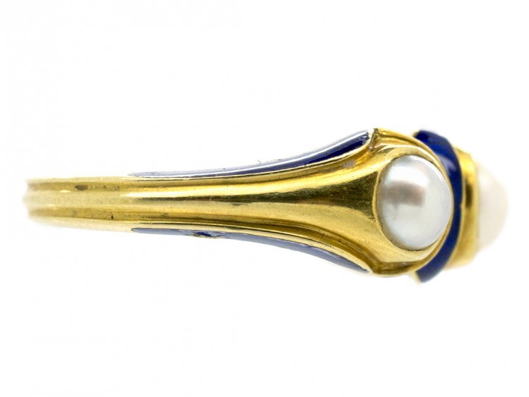 Victorian 18ct Gold Royal Blue Enamel & Natural Pearl Ring
