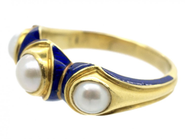 Victorian 18ct Gold Royal Blue Enamel & Natural Pearl Ring