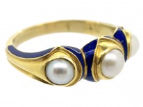 Victorian 18ct Gold Royal Blue Enamel & Natural Pearl Ring