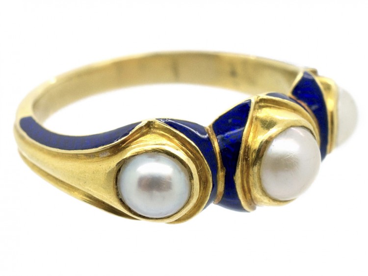 Victorian 18ct Gold Royal Blue Enamel & Natural Pearl Ring