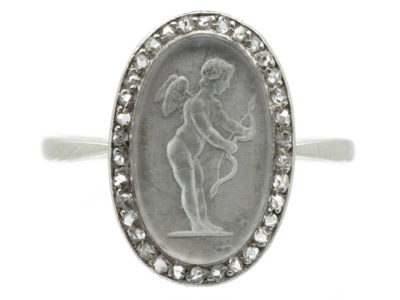 Edwardian Diamond & 18ct White Gold Rock Crystal Cupid with Bow Ring