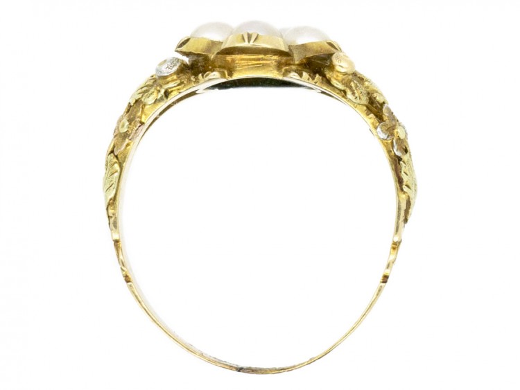 Georgian Three Colour 18ct Gold, Natural Pearl & Ruby Cluster Ring