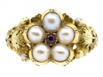 Georgian Three Colour 18ct Gold, Natural Pearl & Ruby Cluster Ring
