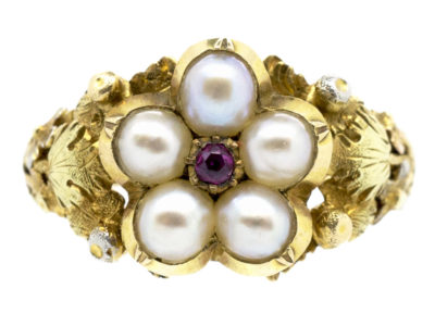 Georgian Three Colour 18ct Gold, Natural Pearl & Ruby Cluster Ring Georgian Three Colour 18ct Gold, Natural Pearl & Ruby Cluster Ring