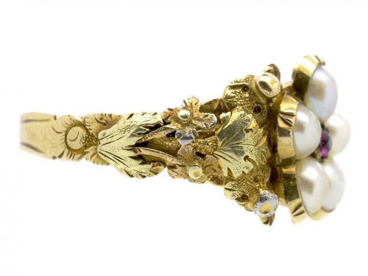 Georgian Three Colour 18ct Gold, Natural Pearl & Ruby Cluster Ring