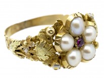 Georgian Three Colour 18ct Gold, Natural Pearl & Ruby Cluster Ring
