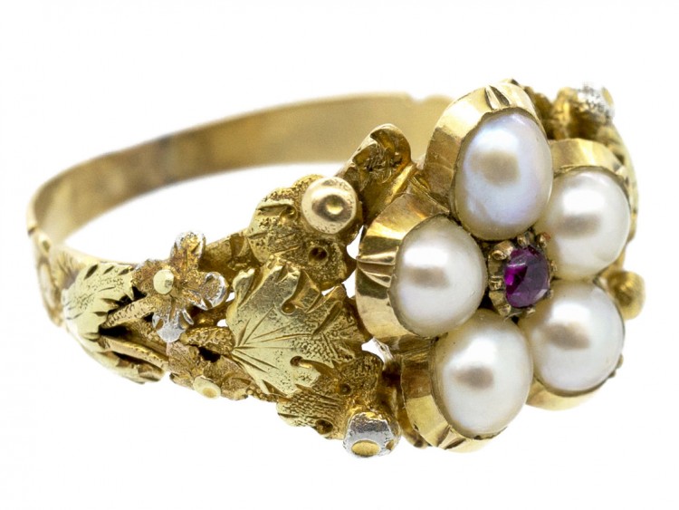 Georgian Three Colour 18ct Gold, Natural Pearl & Ruby Cluster Ring