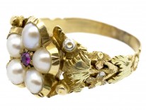 Georgian Three Colour 18ct Gold, Natural Pearl & Ruby Cluster Ring