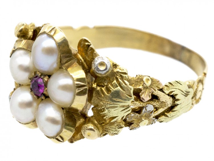 Georgian Three Colour 18ct Gold, Natural Pearl & Ruby Cluster Ring