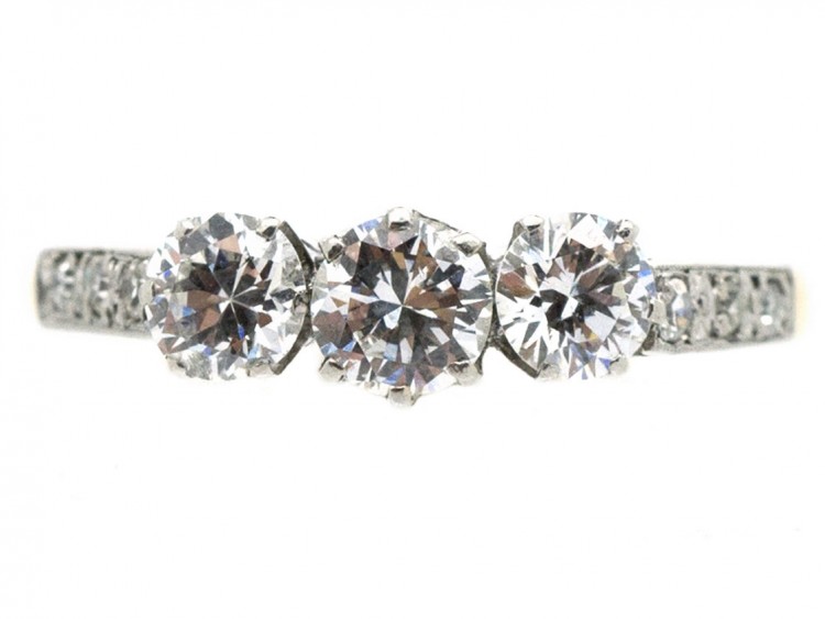18ct Gold & Platinum Diamond Three Stone Ring with Diamond Set Shoulders