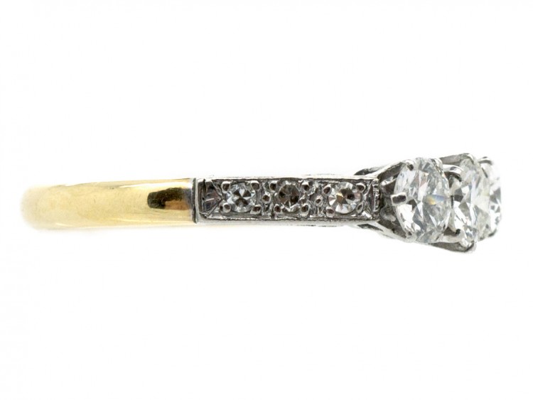 18ct Gold & Platinum Diamond Three Stone Ring with Diamond Set Shoulders