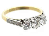 18ct Gold & Platinum Diamond Three Stone Ring with Diamond Set Shoulders