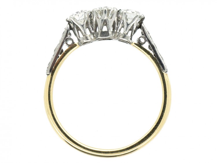 18ct Gold & Platinum Diamond Three Stone Ring with Diamond Set Shoulders