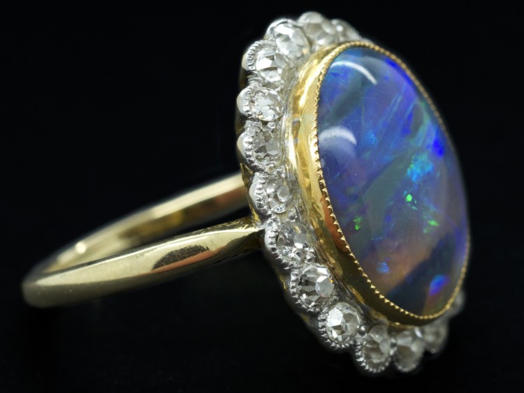 Edwardian 18ct & Platinum Black Opal & Diamond Ring