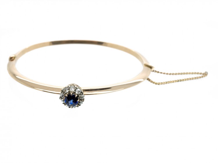 Edwardian Diamond & Sapphire Cluster 15ct Gold Bangle