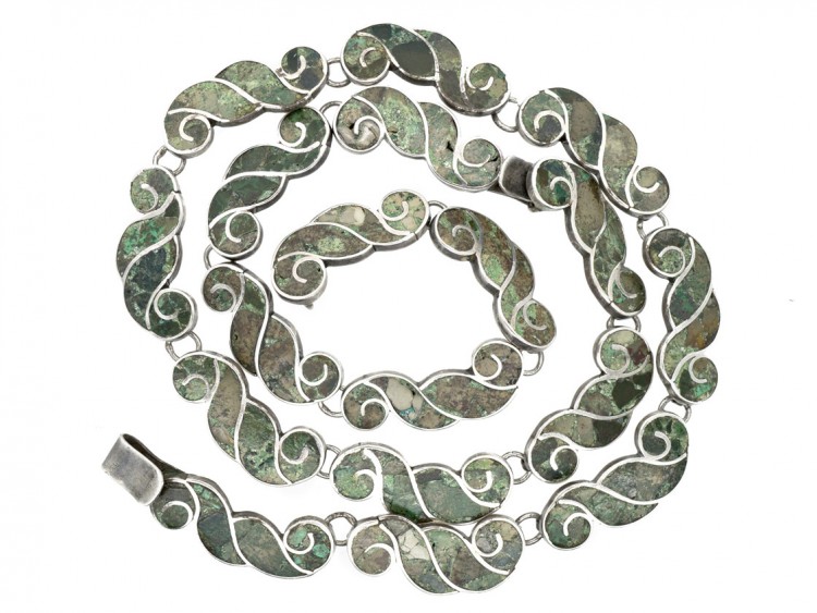 Mexican Silver & Inlaid Stone Swirl Design Necklace