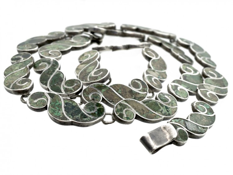 Mexican Silver & Inlaid Stone Swirl Design Necklace