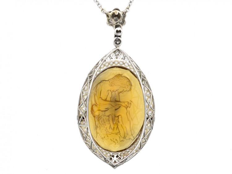 Edwardian Citrine Intaglio Pendant of Boy with Thorn on Natural Pearl & 18ct White Gold Chain