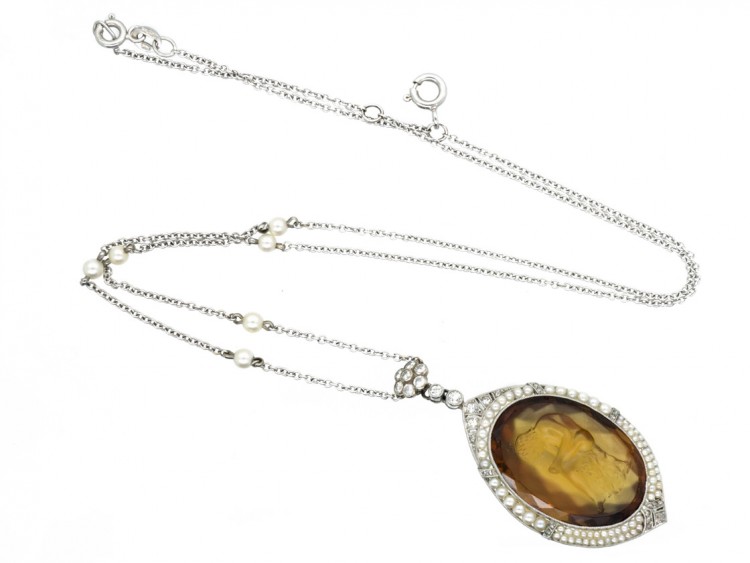 Edwardian Citrine Intaglio Pendant of Boy with Thorn on Natural Pearl & 18ct White Gold Chain