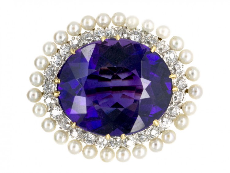 Edwardian Diamond, Amethyst & Natural Pearl Brooch