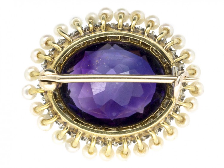 Edwardian Diamond, Amethyst & Natural Pearl Brooch