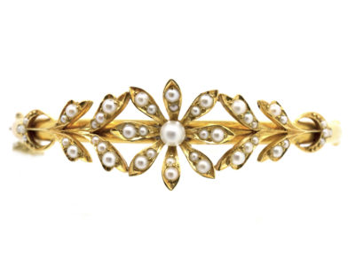 15ct Gold & Natural Split Pearl Victorian Bangle in Original Case