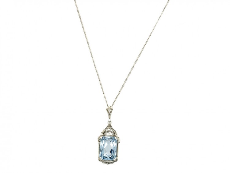 Art Deco Silver & Blue Paste Pendant on Silver Chain